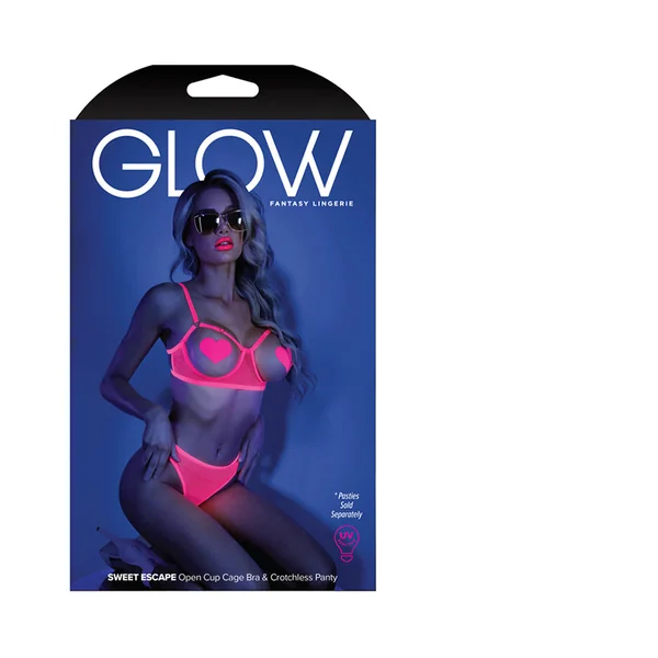Glow Sweet Escape Open-cup Cage Bra & Crotchless Neon Pink Panty L/xl