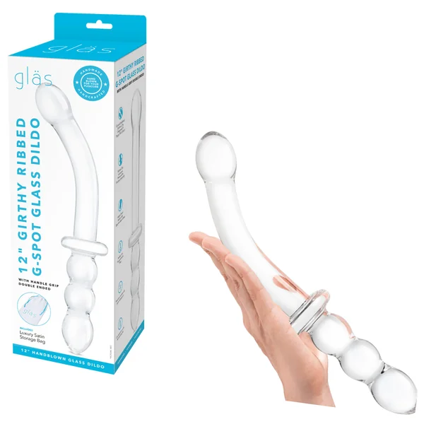 GLÄS 12 Inches Double-Ended Lightweight Dong Girthy Ribbed G-Spot Glass Dildo – Clear