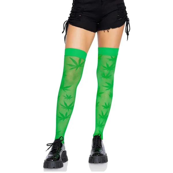 Green 420 Pot Leaf Fishnet Thigh High Stockings One Size