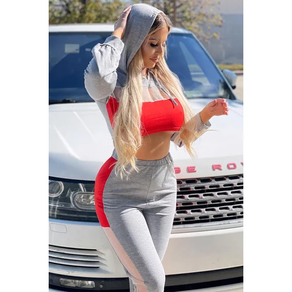 Grey Crop Drawstring Hoodie & Jogger Pants 2 Pc Set