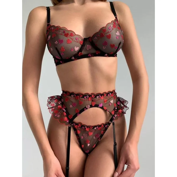 Heartshaped Embroidery Lace Transparent Bra and panty Garter belt Lingerie Sets