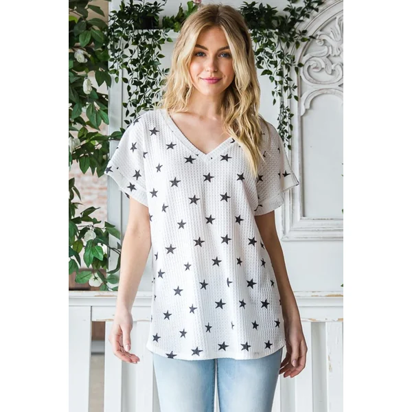 Heimish Full Size Star Print Short Sleeve V-Neck Waffle Knit T-Shirt