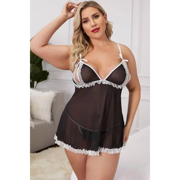 Honeysx Black Plus Size Lace Sheer Patch Cut Out Babydoll