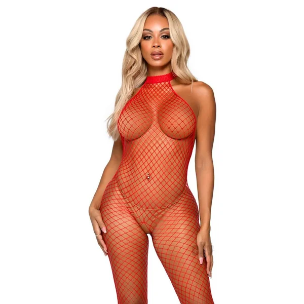 Industrial Net Racer Neck Backless Bodystocking - One Size - Red