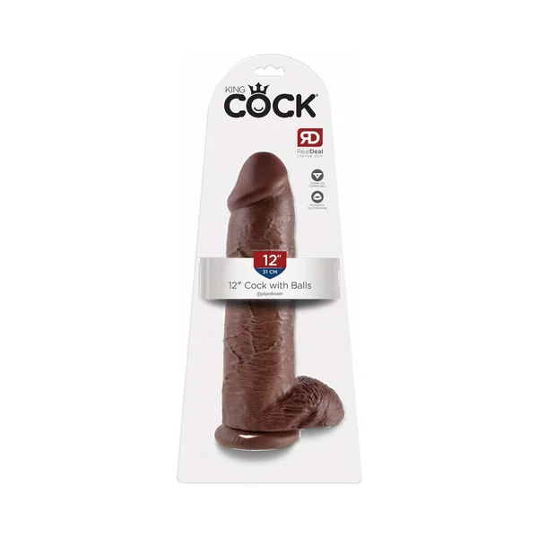 King Cock 12 inches Cock With Balls Realistic Suction Cup Dildo Brown