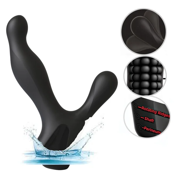 Kink Silicone Prostate Massager With Rotating Ridges Waterproof Black