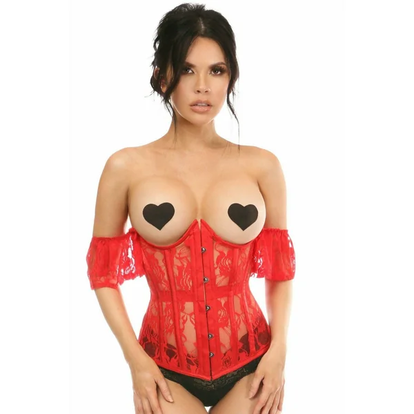 Lavish Sheer Red Lace Underbust Underwire Corset w/Ruffle Sleeve