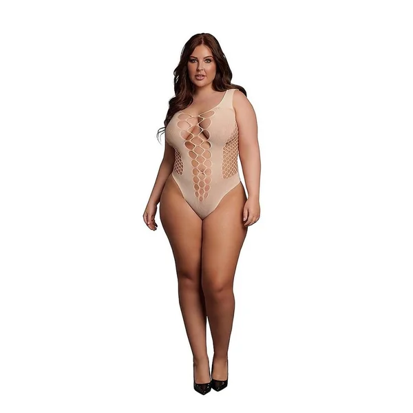 Le Desir V-Neck Teddy with Opaque Panels – Queen – Beige