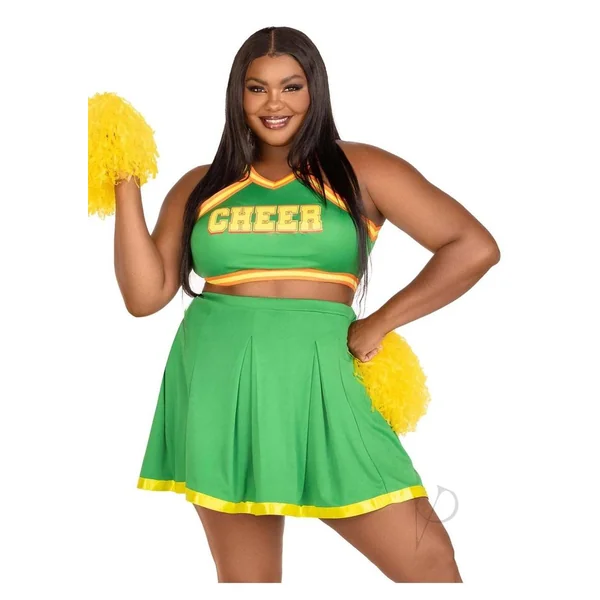 Leg Avenue Bring It Baddie Set Top with Cheer Logo, Pleated Skirt and Pom Pom (3 Piece) - 1X/2X - Green