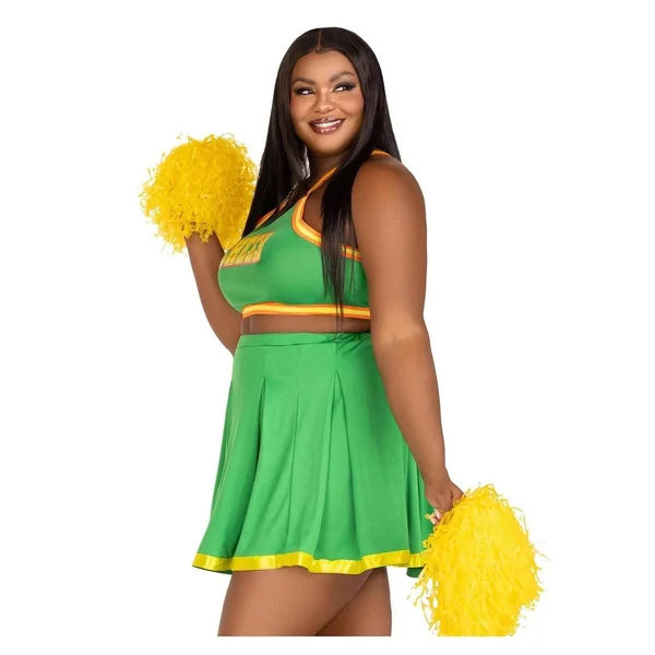 Leg Avenue Bring It Baddie Set Top with Cheer Logo, Pleated Skirt and Pom Pom (3 Piece) – 3X/4X – Green