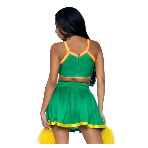 Leg Avenue Bring It Baddie Set Top with Cheer Logo, Pleated Skirt and Pom Pom (3 Piece) – M/L – Green
