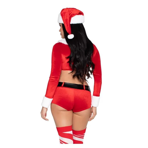 Leg Avenue Christmas Cutie Costume, Velvet Crop Top with Faux Fur Trim, Shorts, Belt and Santa Hat (4 Piece) – Red/White – Small