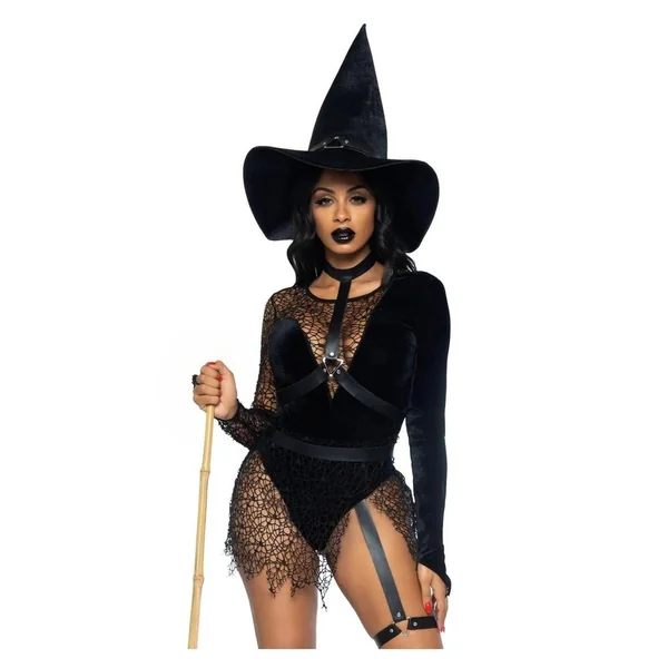 Leg Avenue Crafty Witch Snap Crotch Velvet Bodysuit with Distressed Net and Attached Garter, Choker Body Harness, and Matching Velvet Witch Hat