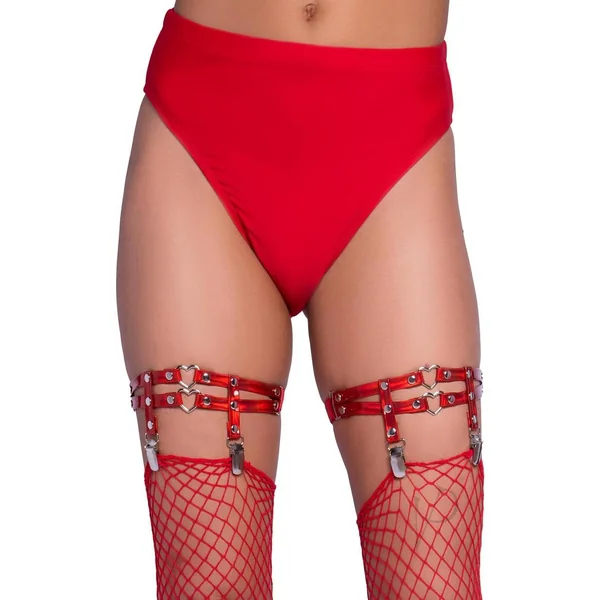 Leg Avenue Dual Strap Iridescent Studded Thigh High Garter Suspender with Mini Hearts - O/S - Red