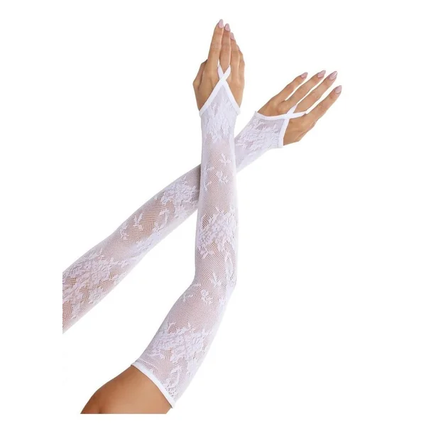 Leg Avenue Floral Net Extra Long Gauntlet Arm Warmers – White – O/S