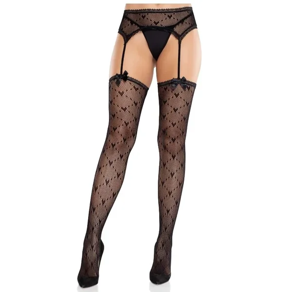 LEG AVENUE – HEART STOCKINGS WITH GARTERS BLACK