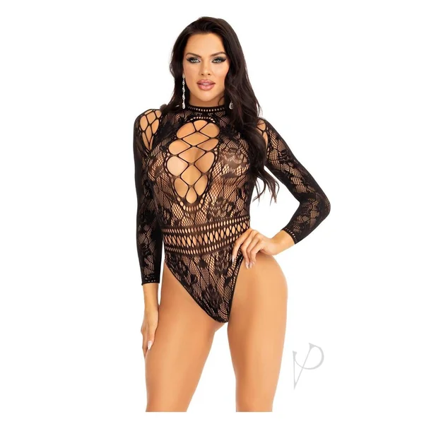 Leg Avenue High Neck Lace and Net Keyhole Back Bodysuit