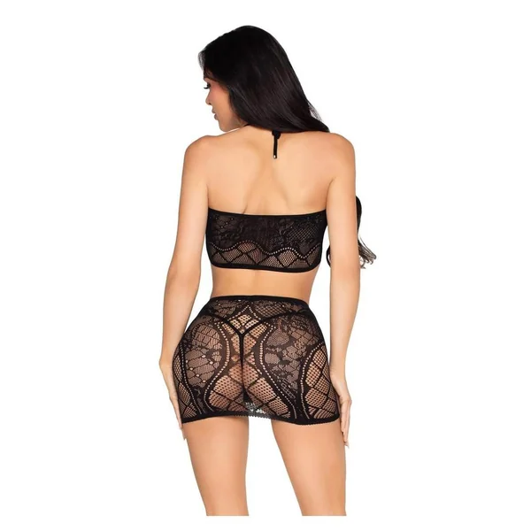 Leg Avenue Lace Bra Top and Mini Skirt with Rosette Accents (2 Piece) – Black – O/S