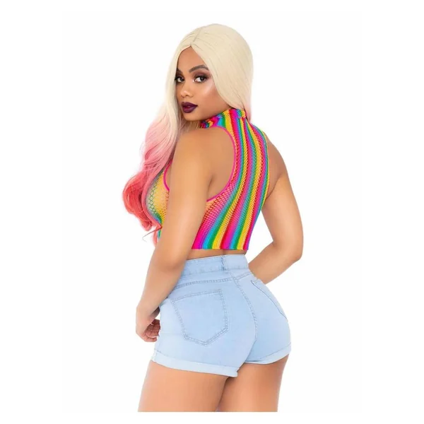 Leg Avenue Rainbow Net High Neck Crop Top – O/S
