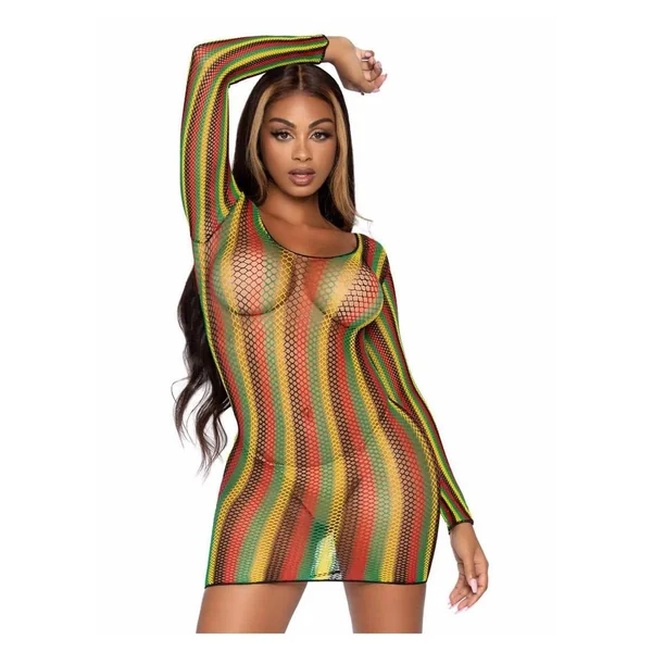 Leg Avenue Rasta Net Long Sleeved Mini Dress Fetish Club Wear