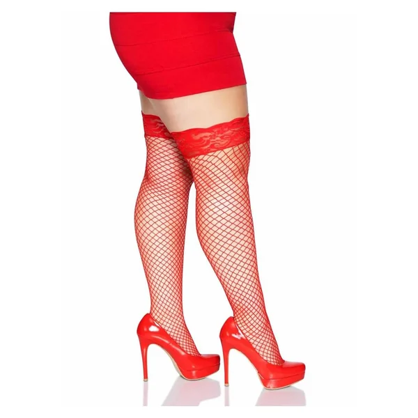 Leg Avenue Spandex Industrial Net Thigh Highs with Stay Up Silicone Lace Top – 1X-2X – Red