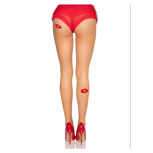 Leg Avenue Spandex Sheer Tights with Embroidered Kiss Accents – Nude/Red – O/S