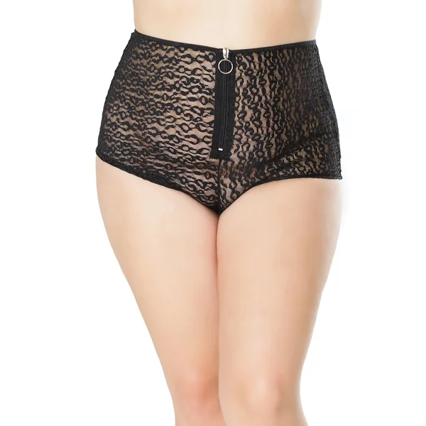 Leopard-Print Lace High-Waisted Zippered Booty Short in Black - OSXL