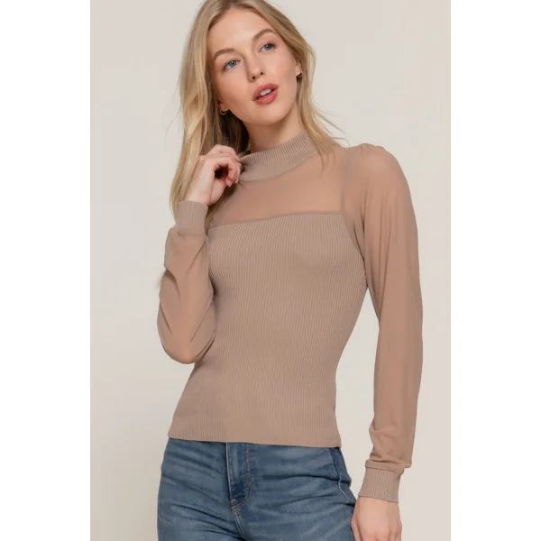 Long Slv Mesh Panel Detail Sweater Top
