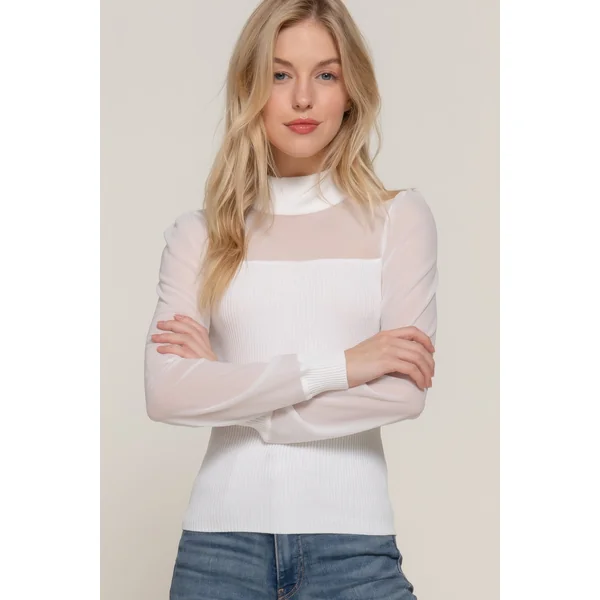 Long Slv Mesh Panel Detail Sweater Top