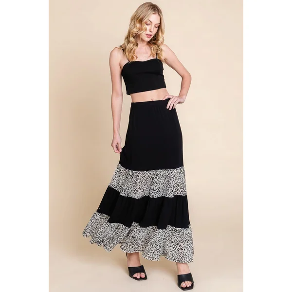 Long Tiered Contrast Fashion Skirt With Velvet Animal Print Mesh