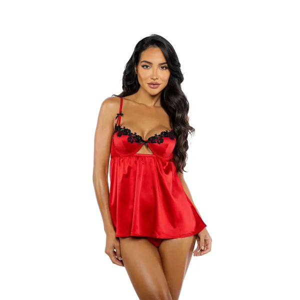 Love & Lust Venise Lace Satin Babydoll Set Red