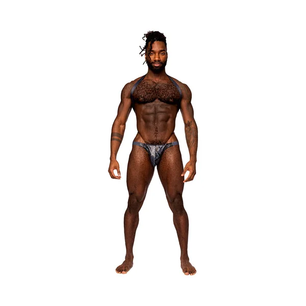 Male Power S''naked Shoulder Sling Harness Thong One-Piece Black/Blue S/M