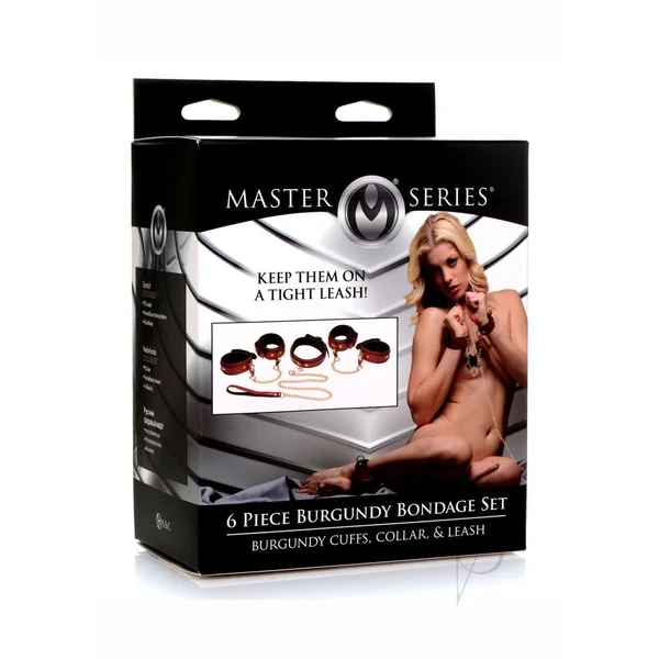 Master Series Bondage Set Cuffs, Collar, and Leash (6 piece) - Burgundy