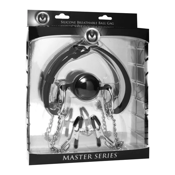 Master Series Hinder Silicone Breathable Ball Gag And Nipple Clamps Black