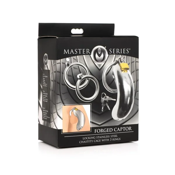 Master Series Locking Stainless Steel Chastity Cage with 3 Rings