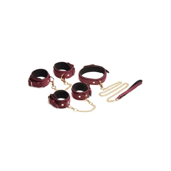 Master Series Velvet Bondage Set Cuffs, Collar, and Leash (6 piece) – Burgundy
