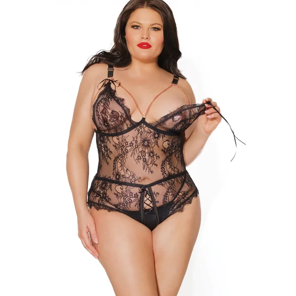 Mesh and Lace Crotchless Teddy | Plus Size