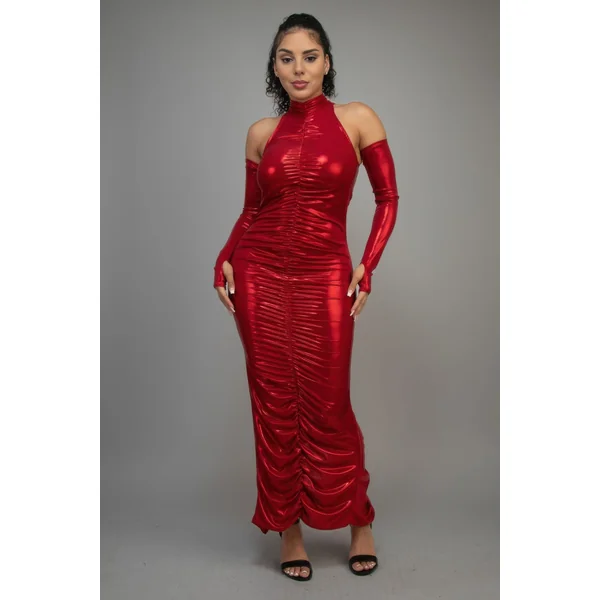 Metallic Ruched Dress With Sleeves