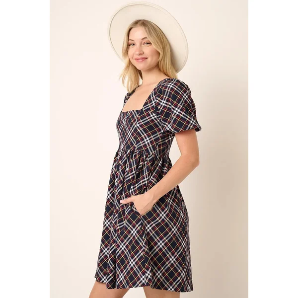 Mittoshop Checkered Print Puff Sleeve Babydoll Mini Dress