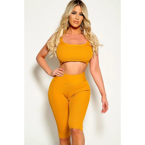 Mustard Ribbed Short Sleeve Two Piece Outfit