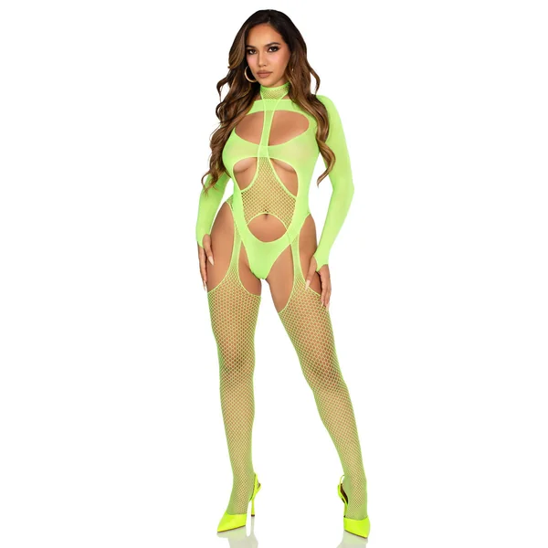 Neon Green Fishnet Suspender Lingerie Jumpsuit Set Two Piece