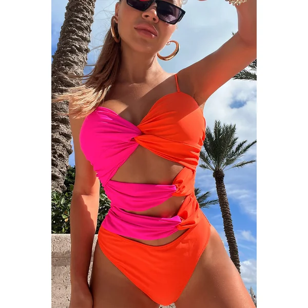 Neon Pink Orange Cut-out Twisted Cheeky 1pc Swimsuit Monokini