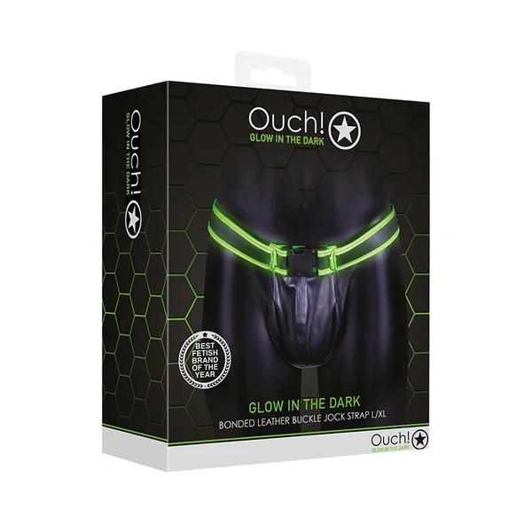 Ouch! Glow in the Dark Bonded Leather Buckle Jock Strap Neon Green L/XL