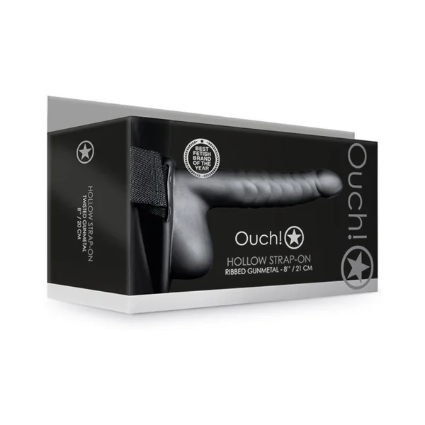 Ouch! Ribbed 8 in. Hollow Strap-On with Balls Gunmetal