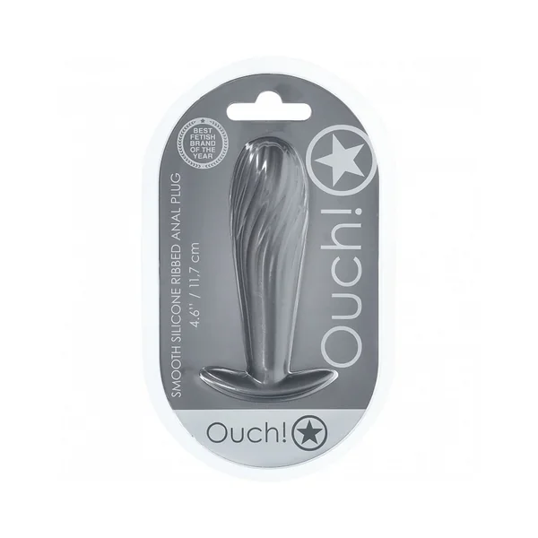 Ouch! Smooth Silicone Ribbed Anal Plug 4.6 in. Gun Metal