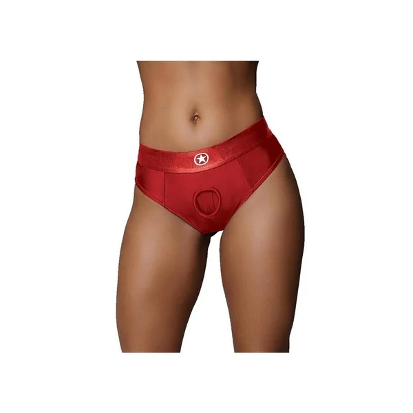 Ouch! Vibrating Strap-On Thong with Rechargeable Bullet – M/L – Red