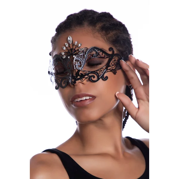 "Peacock" Black Laser Cut Metal Masquerade Mask with White Rhinestones