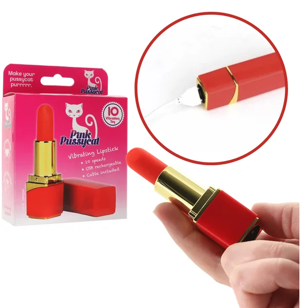 Pink Pussycat Vibrating Rechargeable Lipstick Clitoral Stimulation Bullet Vibrator – Red