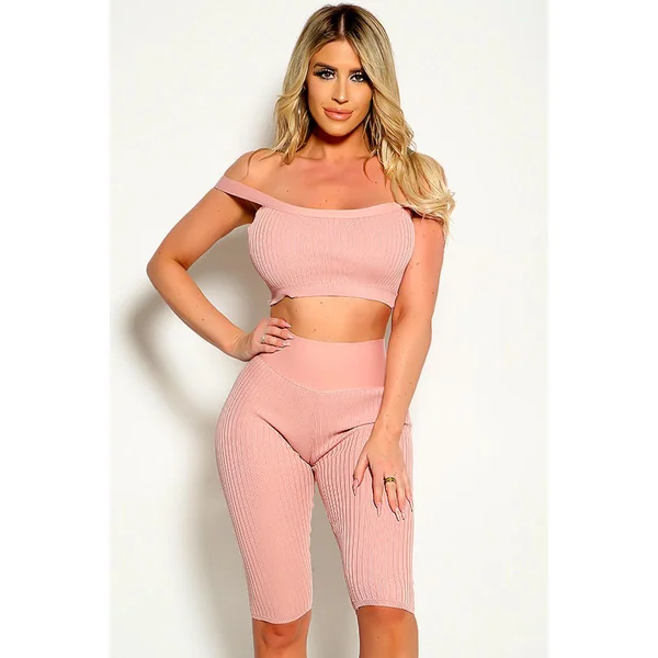 Pink Ribbed Short Sleeve Two Piece Outfit