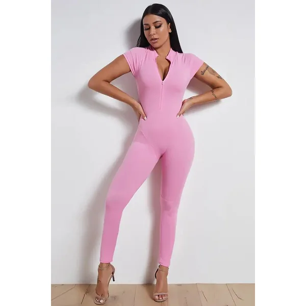 Pink Short Sleeve Mock Neck Front Zip Up Fitted Jumpsuit
